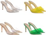 Women's Clear Pointed Open Toe Stiletto Heel Slide Sandals Fashion Sexy Slip On Transparent Strap High Heels Mules Summer Backless Party Wedding Prom Dress Shoes