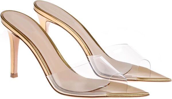 Women's Clear Pointed Open Toe Stiletto Heel Slide Sandals Fashion Sexy Slip On Transparent Strap High Heels Mules Summer Backless Party Wedding Prom Dress Shoes