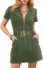 Women's Corduroy Mini Dress Short Sleeve Lapel Zip Up Belted Cowgirl Dresses with Pockets