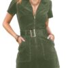 Women's Corduroy Mini Dress Short Sleeve Lapel Zip Up Belted Cowgirl Dresses with Pockets