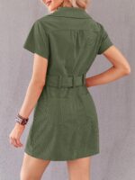 Women's Corduroy Mini Dress Short Sleeve Lapel Zip Up Belted Cowgirl Dresses with Pockets