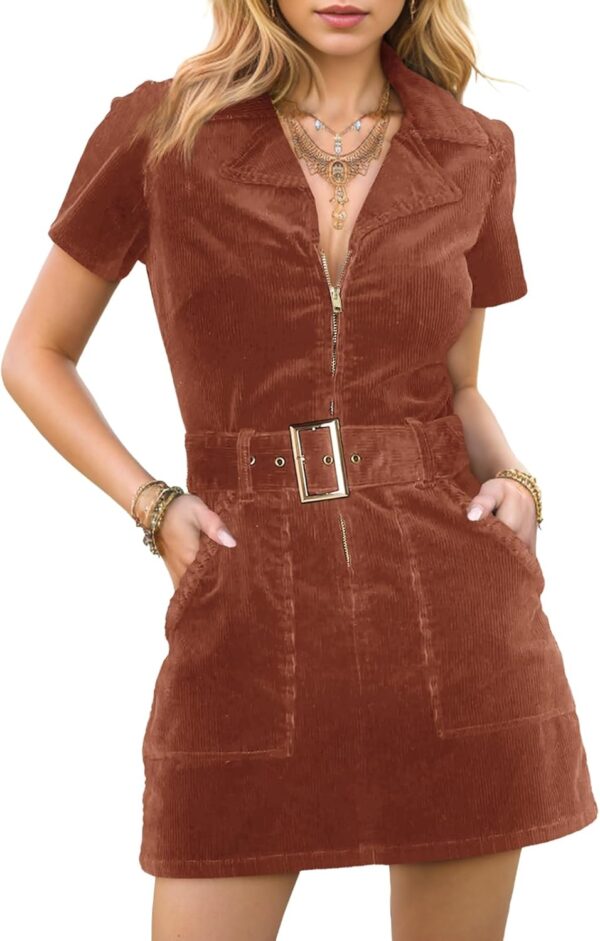 Women's Corduroy Mini Dress Short Sleeve Lapel Zip Up Belted Cowgirl Dresses with Pockets