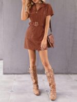 Women's Corduroy Mini Dress Short Sleeve Lapel Zip Up Belted Cowgirl Dresses with Pockets