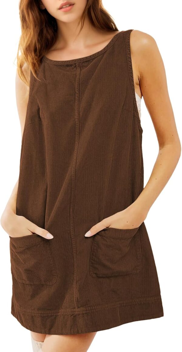 Women's Corduroy Overall Dress Sleeveless A line Fall Mini Dress Pinafore Jumper with Pockets