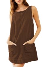 Women's Corduroy Overall Dress Sleeveless A line Fall Mini Dress Pinafore Jumper with Pockets