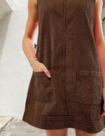 Women's Corduroy Overall Dress Sleeveless A line Fall Mini Dress Pinafore Jumper with Pockets