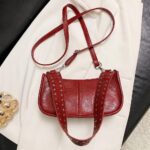 Womens Leather Shoulder Bag Small Y2K Purse Handbag Mini Crossbody Going Out Bags with Studded Decor Straps