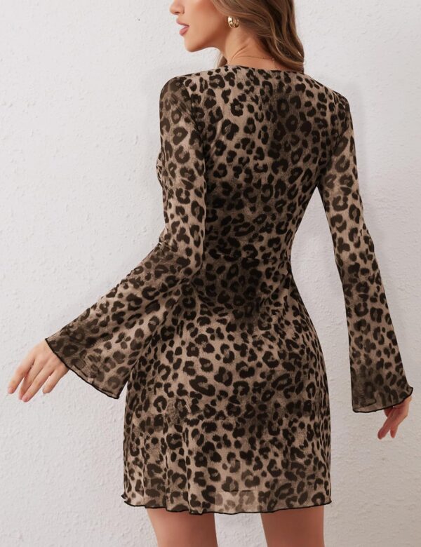 Women's Leopard Print Dress Mesh Dress Bell Long Sleeve Fall Dress Party Dresses Sexy Cheetah Mini Dress Y2K 2024