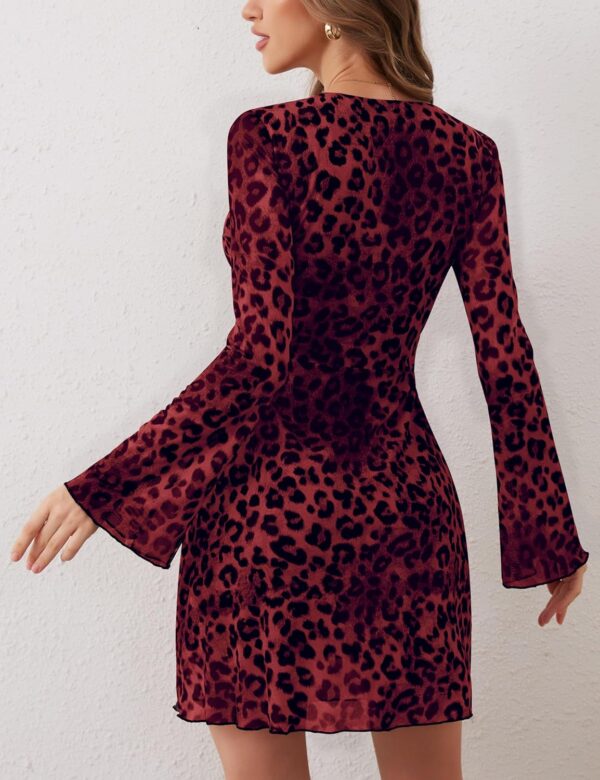 Women's Leopard Print Dress Mesh Dress Bell Long Sleeve Fall Dress Party Dresses Sexy Cheetah Mini Dress Y2K 2024