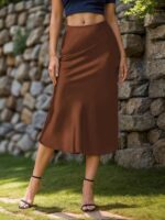 Women's Satin High Waist Hidden Elasticized Waistband Flared Casual A Line Midi Skirt