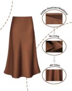 Women's Satin High Waist Hidden Elasticized Waistband Flared Casual A Line Midi Skirt