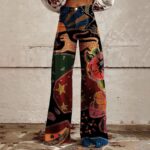 Womens Vintage 90s Floral Print Wide Leg Jeans High Waisted Straight Stretch Pants Flare Trousers with Pockets