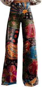 Womens Vintage 90s Floral Print Wide Leg Jeans High Waisted Straight Stretch Pants Flare Trousers with Pockets