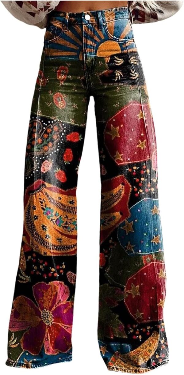 Womens Vintage 90s Floral Print Wide Leg Jeans High Waisted Straight Stretch Pants Flare Trousers with Pockets