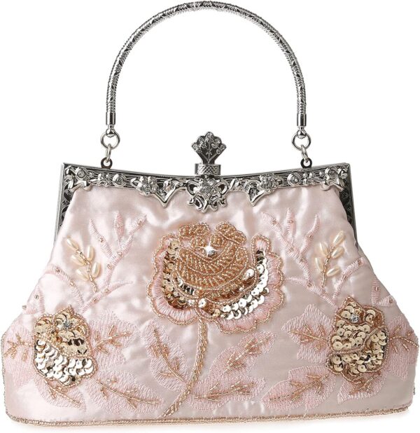 Womens Vintage Floral Beaded Rhinestone Embroidery Clutch Sequin Crossbody Bag Evening Handbag for Bridal Wedding Party Prom