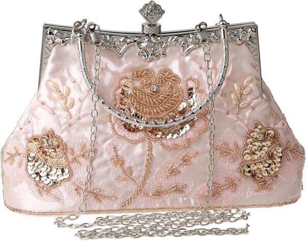 Womens Vintage Floral Beaded Rhinestone Embroidery Clutch Sequin Crossbody Bag Evening Handbag for Bridal Wedding Party Prom