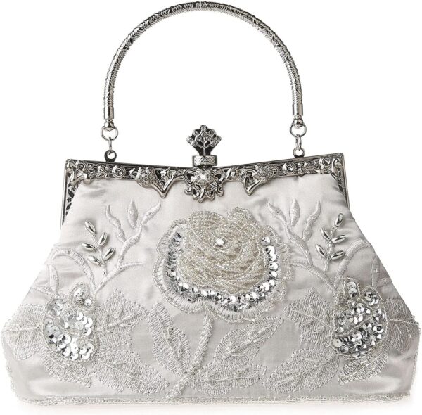 Womens Vintage Floral Beaded Rhinestone Embroidery Clutch Sequin Crossbody Bag Evening Handbag for Bridal Wedding Party Prom