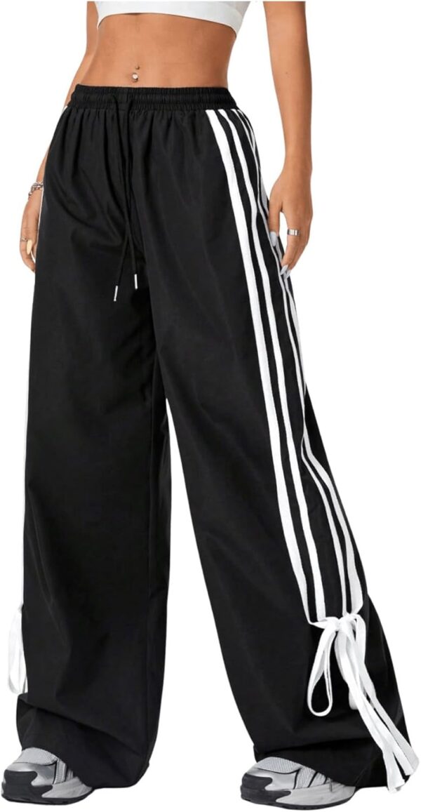 Women's Wide Leg Pants Drawstring Elastic High Waist Pants Casual Contrast Trim Bow Side Long Pants Trouser