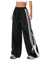 Women's Wide Leg Pants Drawstring Elastic High Waist Pants Casual Contrast Trim Bow Side Long Pants Trouser