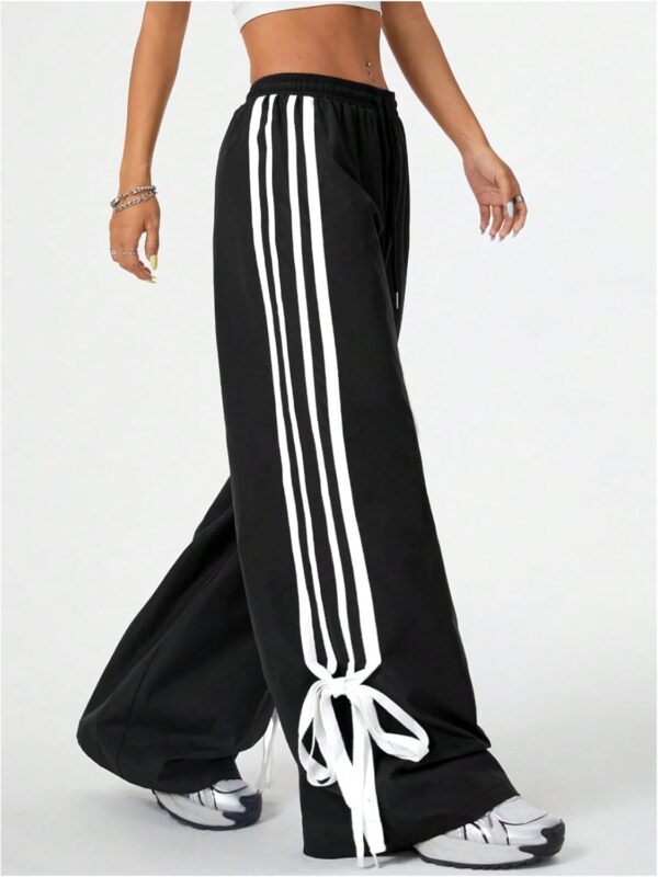 Women's Wide Leg Pants Drawstring Elastic High Waist Pants Casual Contrast Trim Bow Side Long Pants Trouser