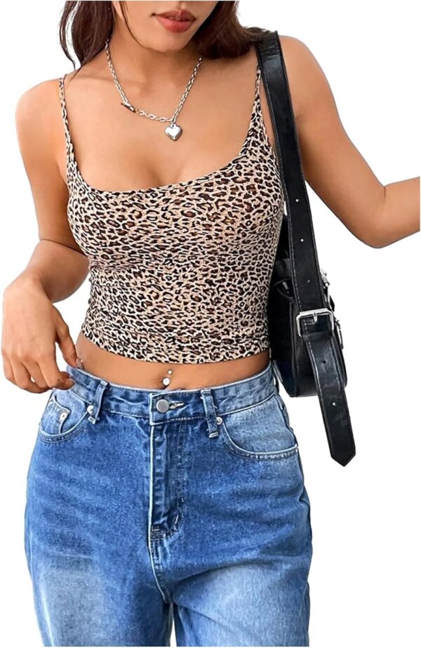 Women's Y2K Leopard Print Cami Crop Tops Square Neck Spaghetti Strap Camisole Cheetah Tank Top