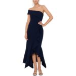 Xscape Womens Navy Crepe One Shoulder Ruffled Evening Dress Gown 4 BHFO 4451