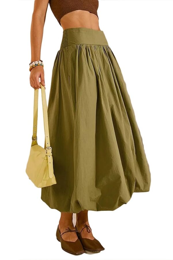 Y2K Bubble Maxi Skirts for Women A Line Long Pleated Casual Summer Skirts 2024 Elastic Waist Balloon Midi Skirt