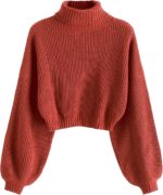 ZAFUL Women's Cropped Turtleneck Sweater Lantern Sleeve Ribbed Knit Pullover Sweater Jumper