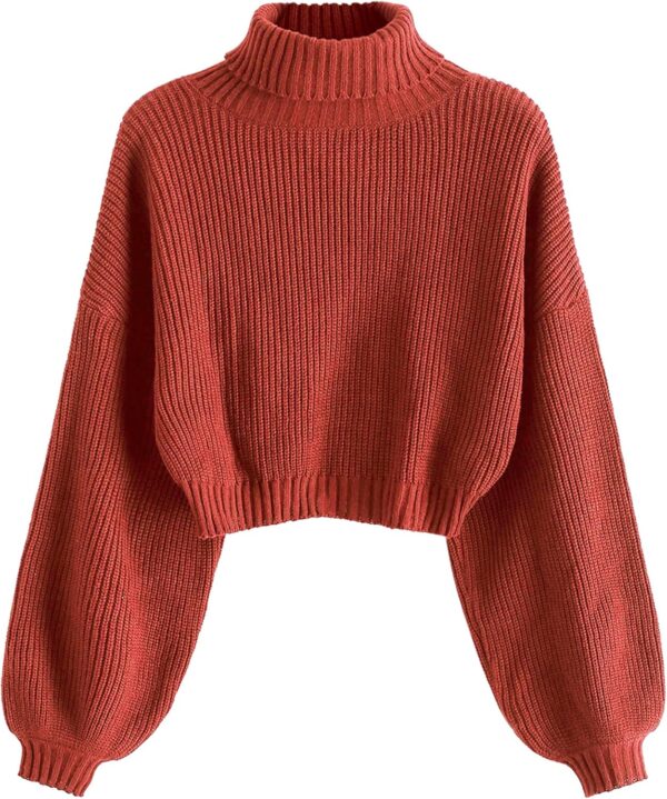 ZAFUL Women's Cropped Turtleneck Sweater Lantern Sleeve Ribbed Knit Pullover Sweater Jumper