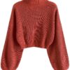 ZAFUL Women's Cropped Turtleneck Sweater Lantern Sleeve Ribbed Knit Pullover Sweater Jumper