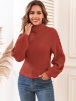 ZAFUL Women's Cropped Turtleneck Sweater Lantern Sleeve Ribbed Knit Pullover Sweater Jumper