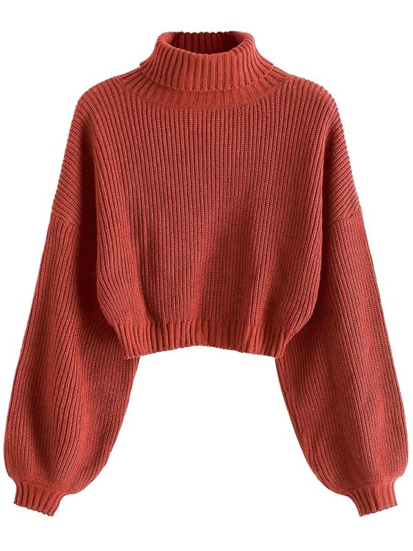 ZAFUL Women's Cropped Turtleneck Sweater Lantern Sleeve Ribbed Knit Pullover Sweater Jumper