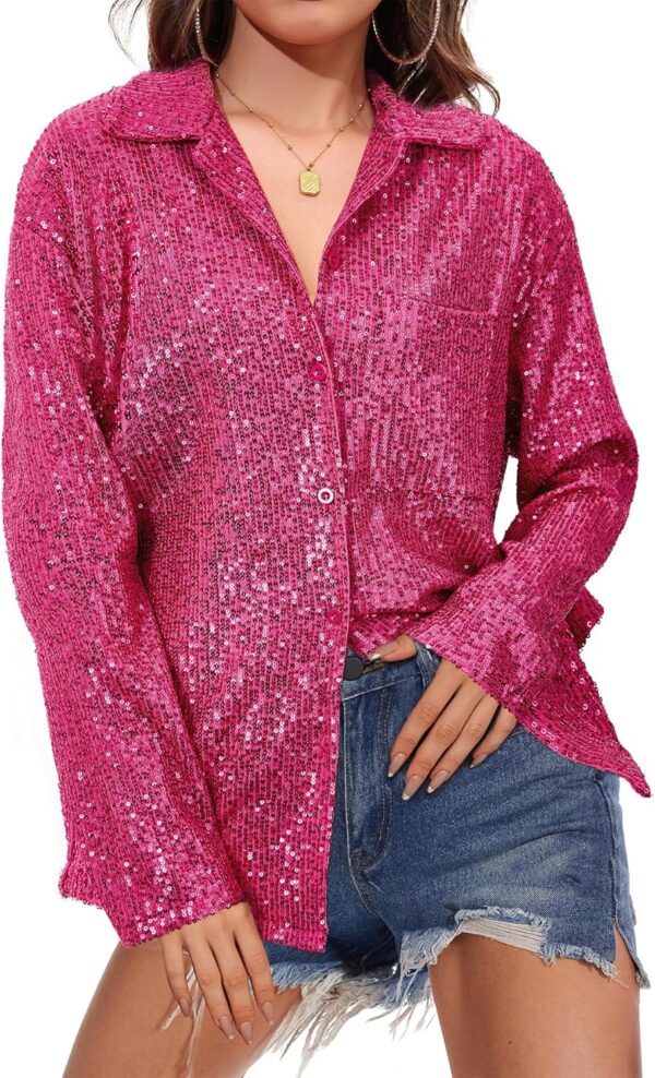 Zando Sequin Tops for Women Button Down Shirt Sparkly Tops for Women Sparkle Tops for Women Sequin Top Casual Party Club