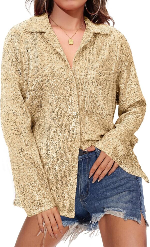 Zando Sequin Tops for Women Button Down Shirt Sparkly Tops for Women Sparkle Tops for Women Sequin Top Casual Party Club