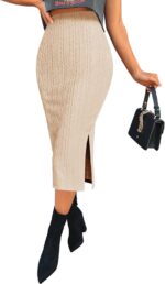 Zeagoo Womens Knit Midi Skirts Casual Pencil Skirt High Waisted Long Skirts with Slit Elegant Work Office Skirts