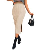 Zeagoo Womens Knit Midi Skirts Casual Pencil Skirt High Waisted Long Skirts with Slit Elegant Work Office Skirts