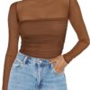 Zeagoo Women's Sexy Mock Turtle Neck Long Sleeve Tops Sheer Mesh Ruched Trendy Going Out Shirts Blouse