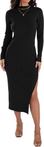 ZESICA Women's 2024 Ribbed Knit Dress Long Sleeve Mock Neck Slim Fit Side Slit Fall Elegant Sweater Dresses