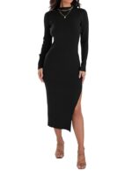 ZESICA Women's 2024 Ribbed Knit Dress Long Sleeve Mock Neck Slim Fit Side Slit Fall Elegant Sweater Dresses