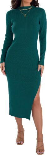 ZESICA Women's 2024 Ribbed Knit Dress Long Sleeve Mock Neck Slim Fit Side Slit Fall Elegant Sweater Dresses