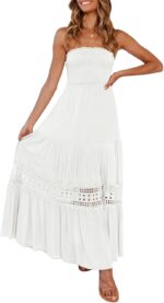 ZESICA Women's 2024 Summer Bohemian Strapless Off Shoulder Lace Trim Backless Flowy A Line Beach Long Maxi Dress