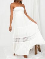 ZESICA Women's 2024 Summer Bohemian Strapless Off Shoulder Lace Trim Backless Flowy A Line Beach Long Maxi Dress