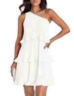 ZESICA Women's 2024 Summer Sleeveless Mini Dress Boho One Shoulder Ruffle Tiered Layered Chiffon Flowy A Line Dresses