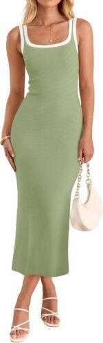 ZESICA Women's Summer Knitted Bodycon Midi Dress 2024 Casual Sleeveless Square Neck Side Slit Vacation Long Dresses