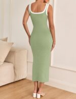 ZESICA Women's Summer Knitted Bodycon Midi Dress 2024 Casual Sleeveless Square Neck Side Slit Vacation Long Dresses