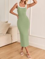 ZESICA Women's Summer Knitted Bodycon Midi Dress 2024 Casual Sleeveless Square Neck Side Slit Vacation Long Dresses