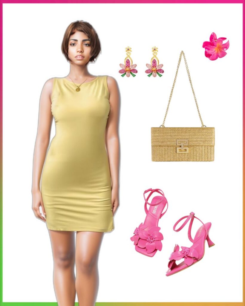 coastal style inspiration: model in yellow mini dress, pink heels, purse and accessories