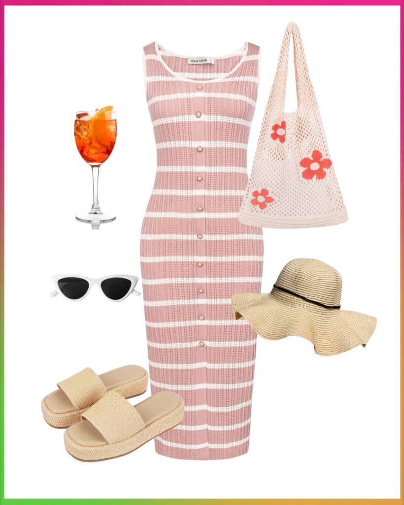 coastal style inspiration: pink and white striped dress, tote bag, aperol spritz, sunglasses, beach hat and sandals