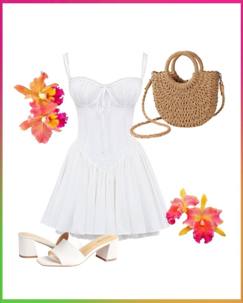 coastal style inspiration: white dress, white sandals, whicker purse, tropical flowers