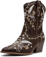 ANJOUFEMME Western Women's Cowboy Cowgirl Boots,Embroidered Round-toe Mid-calf Boots